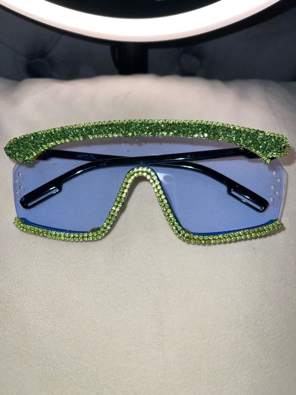 Summer Green Crystal Rim Blue Lens Statement Sunglasses